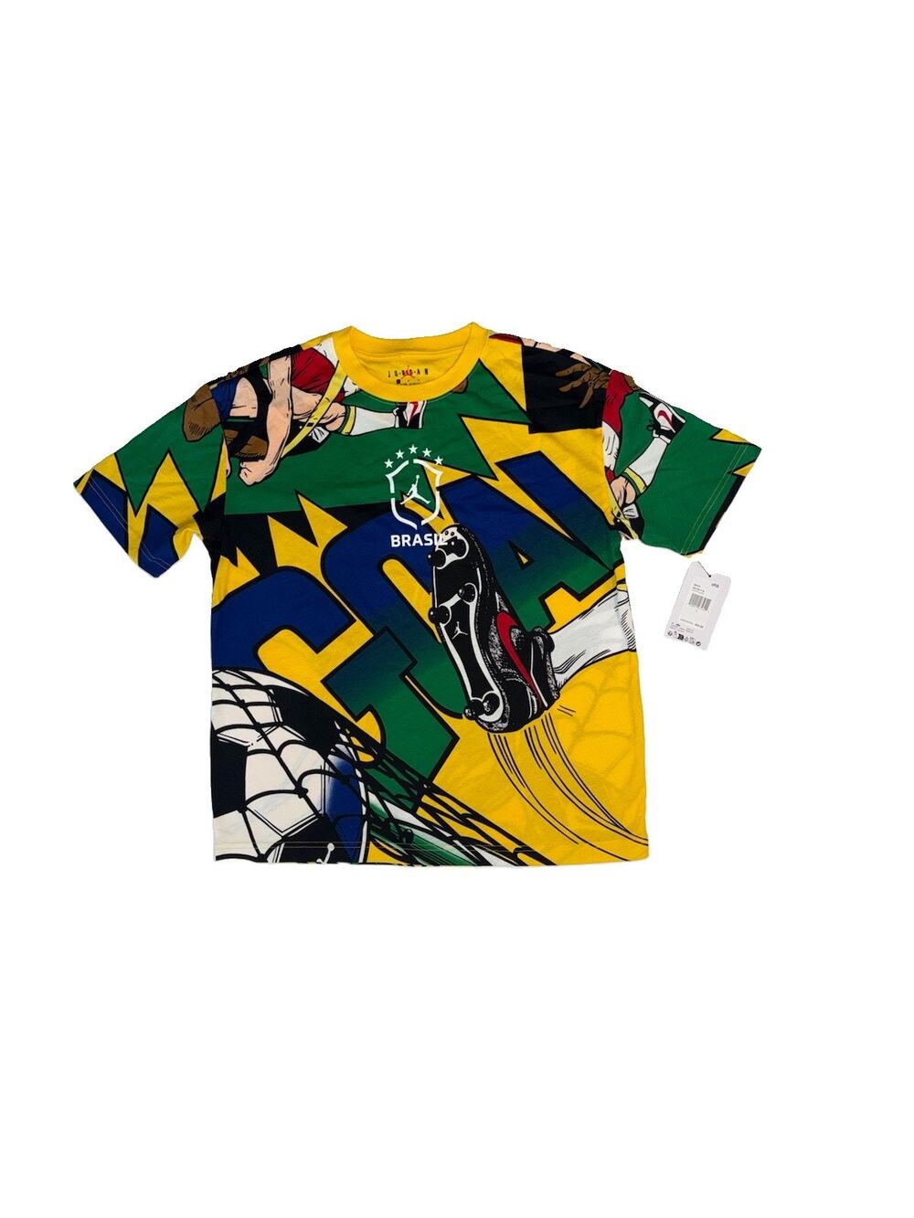 Jordan Brazil Boys L Soccer Graphic Allover Print T-Shirt NWT Ships FREE